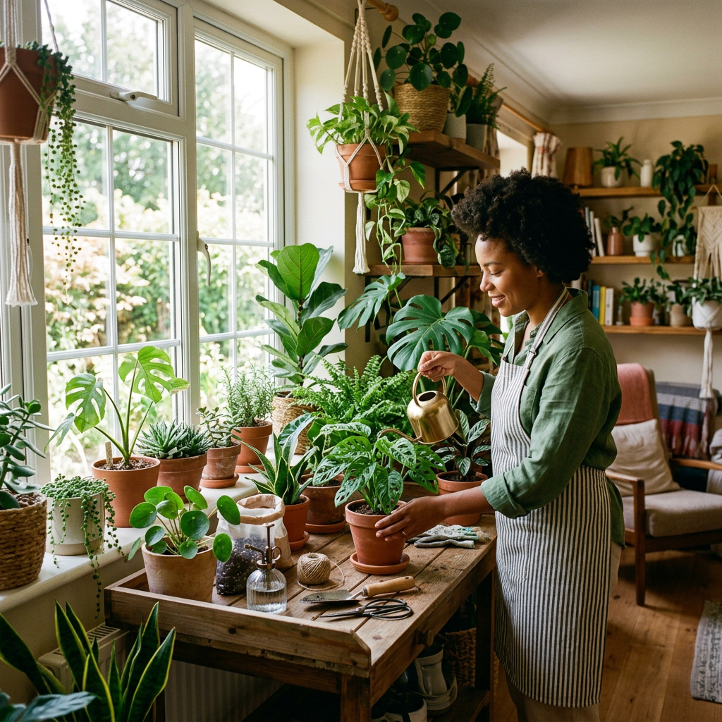 Woman in apron watering potted houseplants on wooden table by window